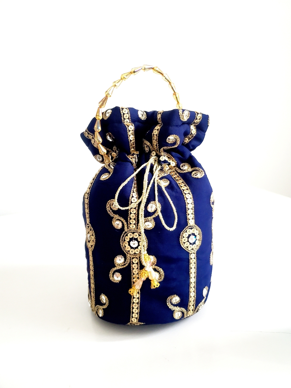 Navy Blue Embellished Potli Bag with Gold Accents